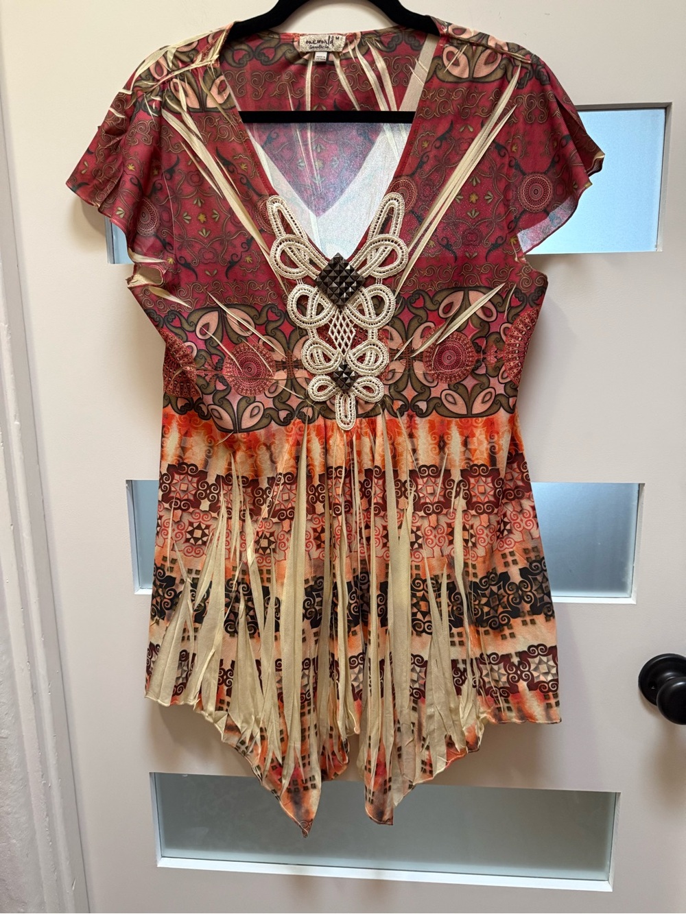 ONE WORLD multicolored Boho V-Neck Embellished Tunic